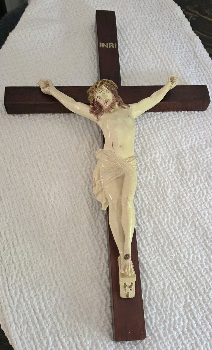 Jesus Corpus INRI Large Crucifix 24” Plaster Chalkware Figure Dark Wood Cross